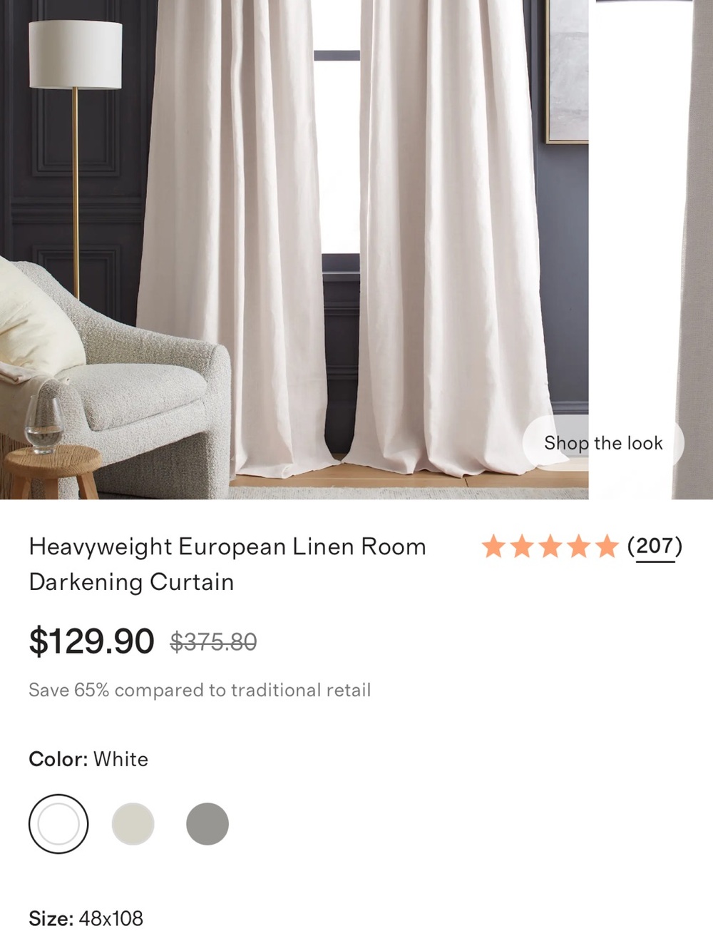 Heavyweight European Linen Room Darkening Curtains (2 panels)  - White